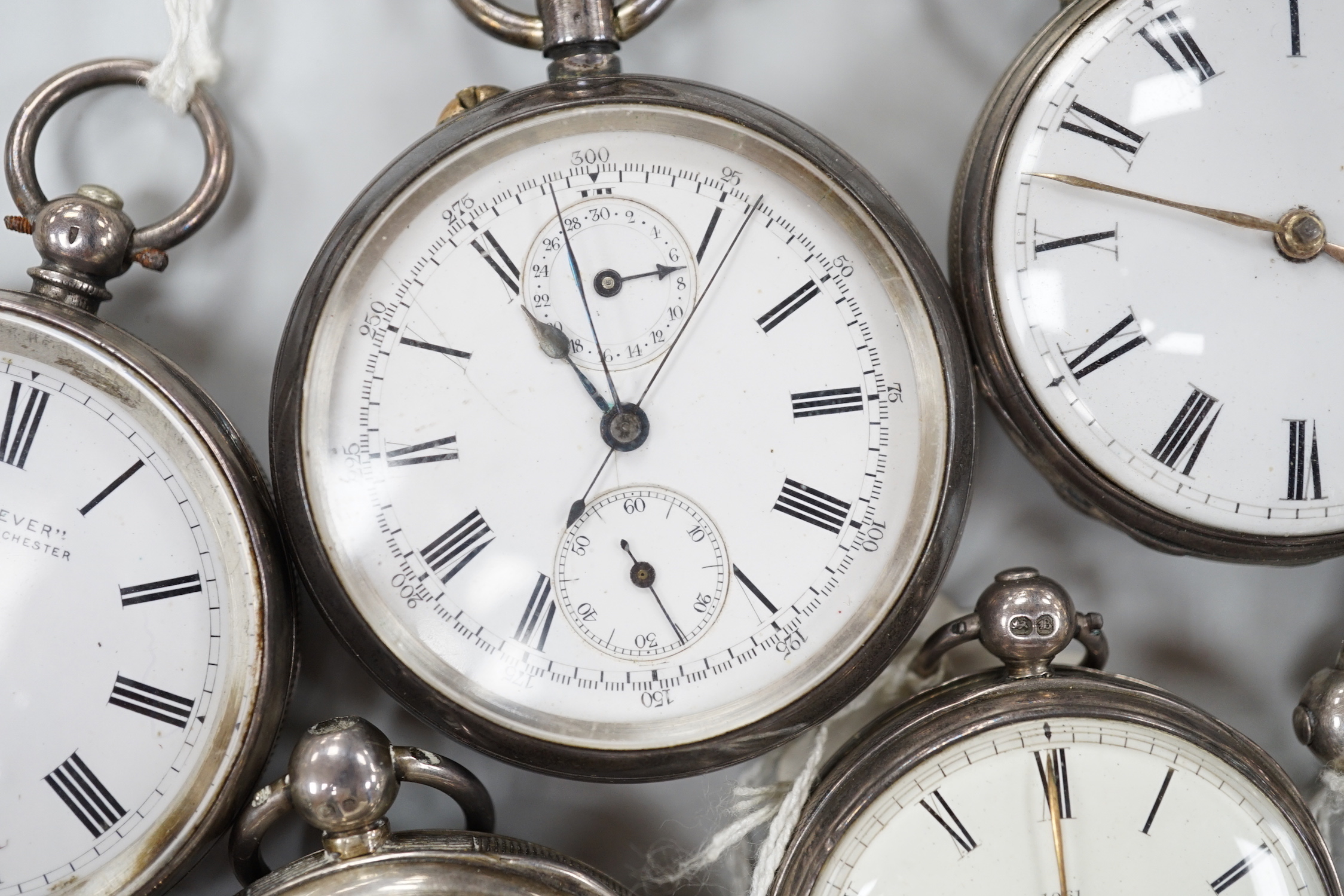 Ten assorted silver or white metal pocket watches including Sir John Bennett and Acme Lever.